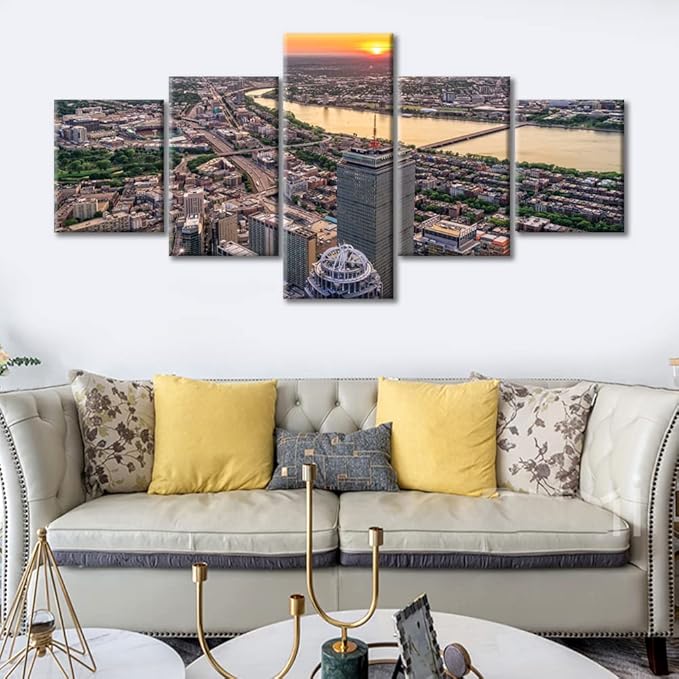 5 Piece Boston Skyline Black and White Wall Art Cityscape Skyscraper Panoramic Poster Prints on Canvas Boston Dusk Landscape Wall Decoration for Living Room Home Decor Ready to Hang (50"Wx24"H)