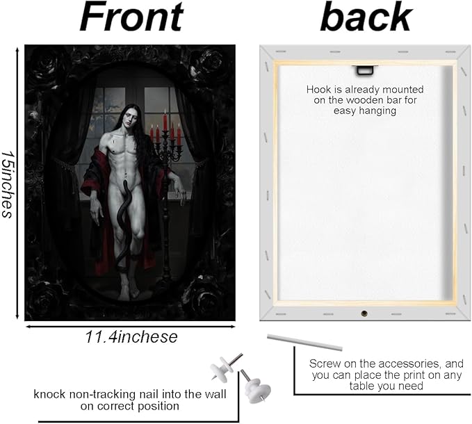 Male Portrait Wall Art, Medieval Vampire Poster Dark Academia Canvas Framed Prints Artwork for Walls, Vintage Gothic Prints for Living Room Entryway Bedroom Decor Aesthetic 15x11.4 inch