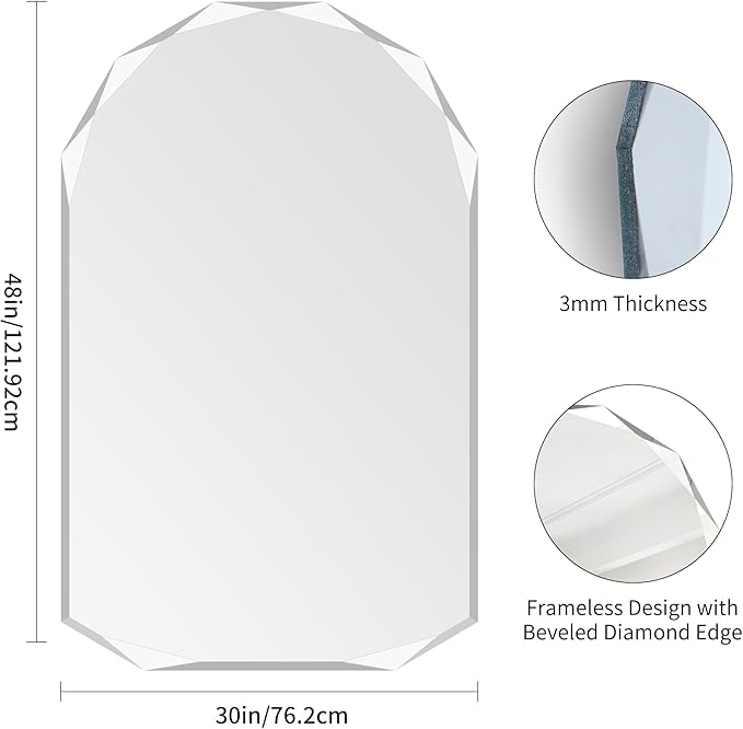 KOCUUY 30"x48" Frameless Mirror, Arched Shape with Diamond-Shaped Beveled Edge,Unframed Decorative with Upgraded Shatterproof Glass,Unique Frameless Mirror for Bathroom,Living Room,Bedroom
