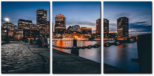 Pacimo Canvas Print Wall Art Set Boston Harbor Pictures Painting Realism Contemporary Cityscape Skyscrapers Modern Artwork for Living Room Bedroom Office Stretch and Framed - 20"x28"x3 Panels