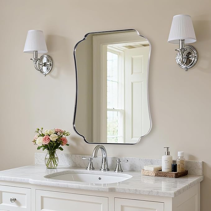 ANDY STAR Chrome Bathroom Mirror 24x32 Inches, Modern Scalloped Edge Wall Mirror with Stainless Steel Frame for Hallway, Lounge and Vanity Area