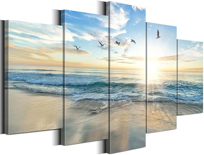 Biufo Seascape Wall Art Canvas Prints Sunrise at Sea Painting Picture Beach Ocean Artwork for Office Bedroom Living Room Wall Decor (Large)