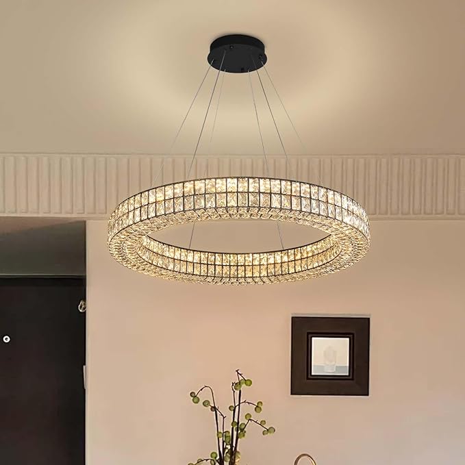 Modern Led Ring Chandeliers Dimmable Crystal Chandelier for Living Room Dining Room Ring Pendant Light Adjustable 24 inch Black