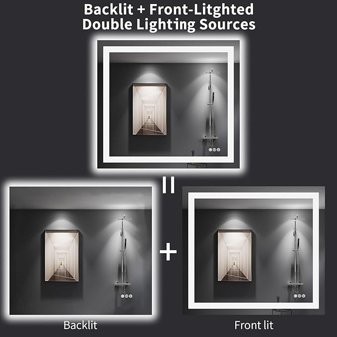 LOAAO 40"X36" LED Bathroom Mirror with Lights, Anti-Fog, Dimmable, Backlit + Front Lit, Lighted Bathroom Vanity Mirror for Wall, Memory Function, Tempered Glass, Shatter-Proof, ETL Listed