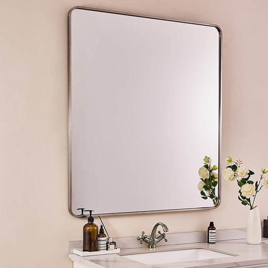 ANDY STAR 40x32 Inch Brushed Nickel Bathroom Mirror, Rounded Rectangle Bathroom Vanity Mirrors for Wall, Anti-Rust SUS304, Seamless Tube Metal Frame, 1’’ Deep Wall Mounted Vertically/Horizontal
