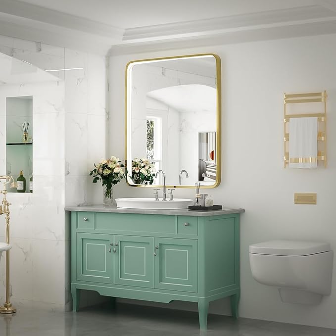 30x36 Inch LED Bathroom Mirror with Lights,Gold Metal Frame Lighted Vanity Mirror, Anti Fog Design&Dimmable&Touch Switch,Large Wall Mounted Mirror for Bathroom Decor (Horizontal&Vertical)