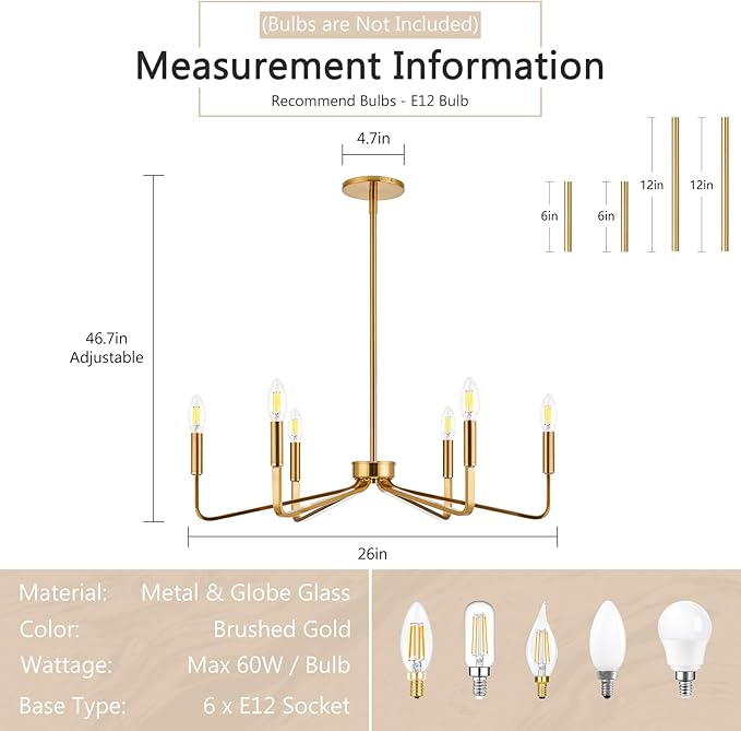 Jonsi Gold Chandelier - 26" Modern Brushed Brass Chandelier Light Fixture 6 Light Industrial Candle Lighting Hanging Ceiling for Living Dining Room, Kitchen Island