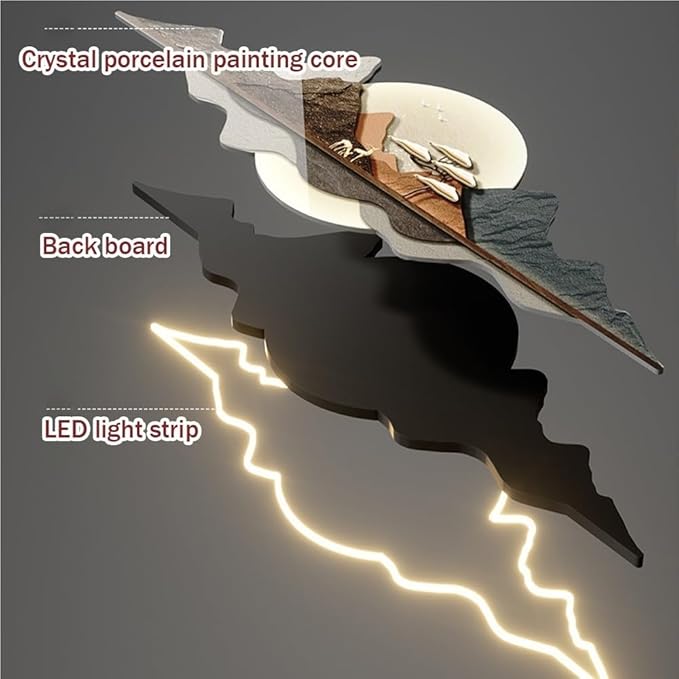 LED 3D Wall Art Decor, Landscape Wall Mural with Welcoming Pine Tree, Traditional Oriental Wall Sculpture with Light, Decorative Wall Art for Living Room(Light Blue,39.3in)