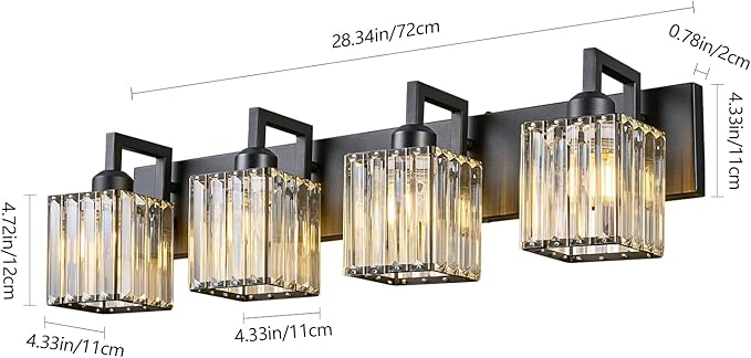 Black Bathroom Light Fixture, 4-Light Crystal Vanity Lighting, Bathroom Lighting Fixtures Over Mirror, Modern Crystal Wall Lamp