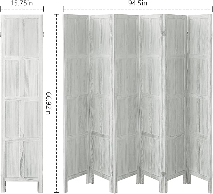 Classic 6 Panel Room Divider and Folding Privacy Screen, 5.6Ft Wood Room Divider Wall, Partition Screen Divider for Room Separation for Bedroom, Home Office, Dressing Room, White
