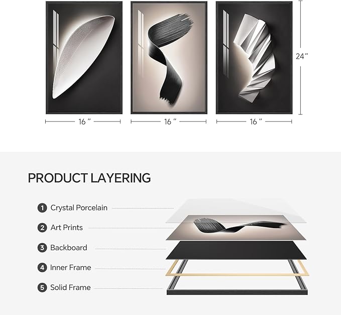 3 Piece Framed Modern Wall Art Sets, Abstract Line Geometric Decor Prints, Black and White Contemporary Luxury Paintings Artwork for Bedroom, Bathroom, Living Room and Office 16x24 Inch