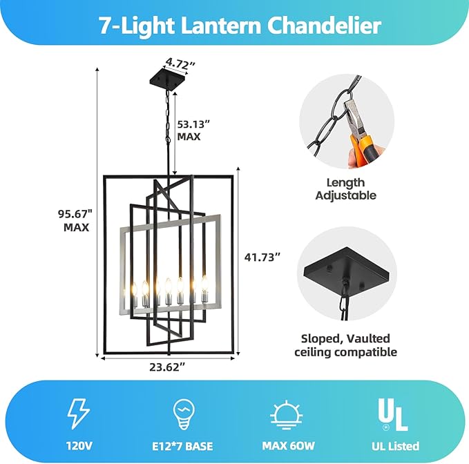 7-Light Farmhouse Lantern Pendant Light Fixtures, Rustic Industrial Foyer Lighting Fixtures, Large Foyer Chandeliers for High Ceilings, for Dining Room, Kitchen Island, Entryway（Black & Silver）