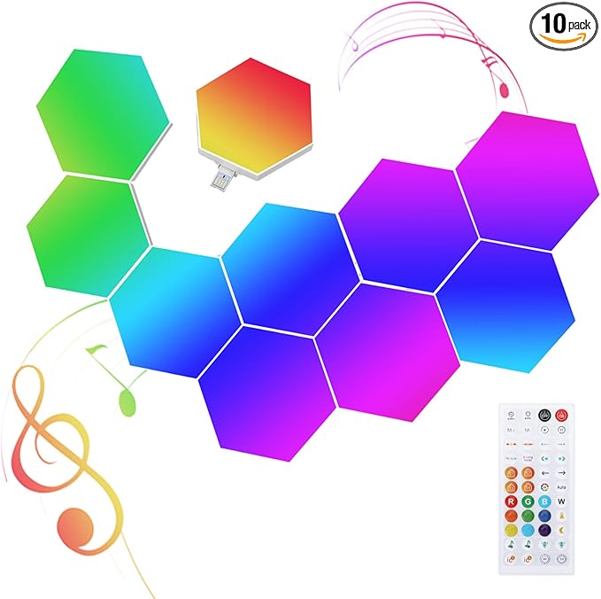 10-Pack Hexagon LED Lights for Wall, Smart RGBIC Music Sync Gaming Room Decor Lighting, 16M Colors Changing App & Remote Controlled, RGB Led Light Panels for Gamers (Type-C Powered)