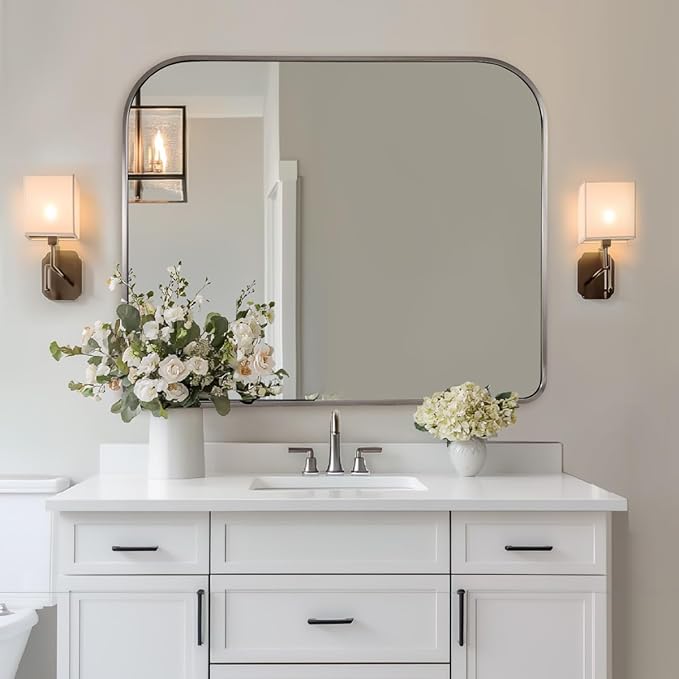 ANDY STAR Brushed Nickel Arched Mirror, 36x30’’ Modern Mantel Mirror Rounded Corner for Fireplace, Bathroom, Powder Room in 1 inch Anti-Rust SUS304 Tube Metal Frame Wall Mounted