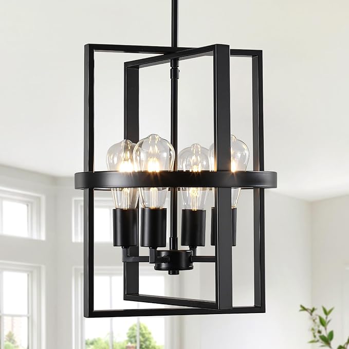 12.6"Black Chandelier for Dining Room, 4-Light Modern Farmhouse Chandelier with Geometric Cage Adjustable, Foyer Lighting Fixtures Rustic Pendant Lights for Kitchen Entryway Hallway Living Room