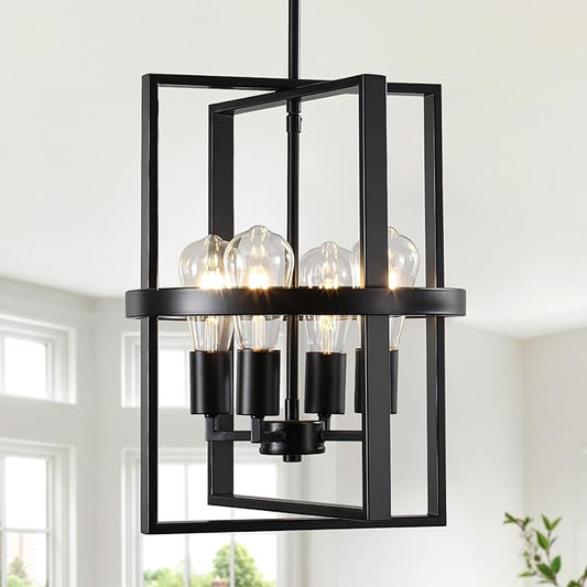 12.6"Black Chandelier for Dining Room, 4-Light Modern Farmhouse Chandelier with Geometric Cage Adjustable, Foyer Lighting Fixtures Rustic Pendant Lights for Kitchen Entryway Hallway Living Room