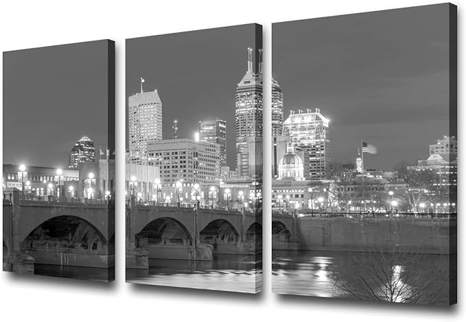Canvas Print Wall Art Painting for Home Decor Black and White Indianapolis Skyline Night Buildings Cityscape Coastline 3 Pieces Paintings Artwork Picture City Pictures Photo Prints On Canvas 24x36inch