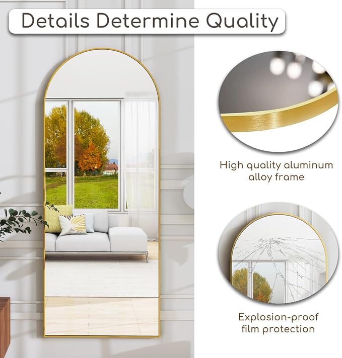 Arched Full Length Mirror, 65"x21" Gold Mirror with Stand, Full Body Mirrors for Leaning Against or Wall Mounted, Large Floor Mirrors for Bedroom, Living Room, Gold