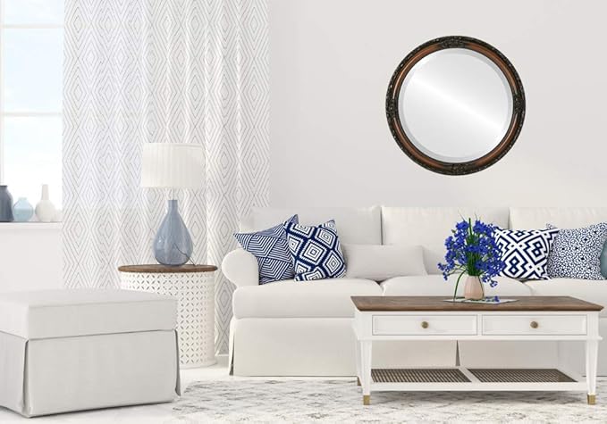 OVALCREST Round Beveled Wall Mirror for Home Decor - Jefferson Style - Walnut - 26x26 Outside Dimensions