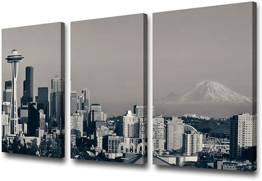 3 Piece Black and White Canvas Wall Art City Seattle Skyline Wall Pictures for Living Room Modern Washington Cityscape Art Wall Decor Stretched and Framed Ready to Hang - 24'' x 12'' x 3 Panels