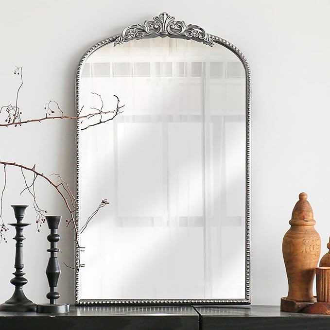 Micasso Vintage Arched Silver Mirror: 31"x19" French Baroque Antique Mirror - Traditional Ornate Decorative Mirrors for Wall/Bathroom/Entryway/Fireplace/Hallway - Home Decor for Living Room