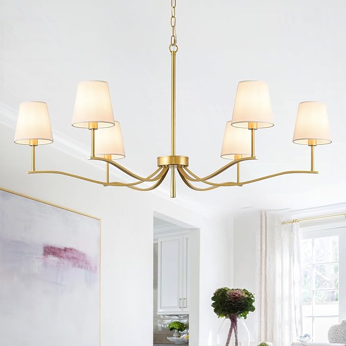 6 Light Brass Gold Chandelier with White Fabric Shade 44'' Linen Dining Room Chandeliers Over Table Kitchen Chandeliers Light Fixture for Living Room Bedroom Entryway Home Office