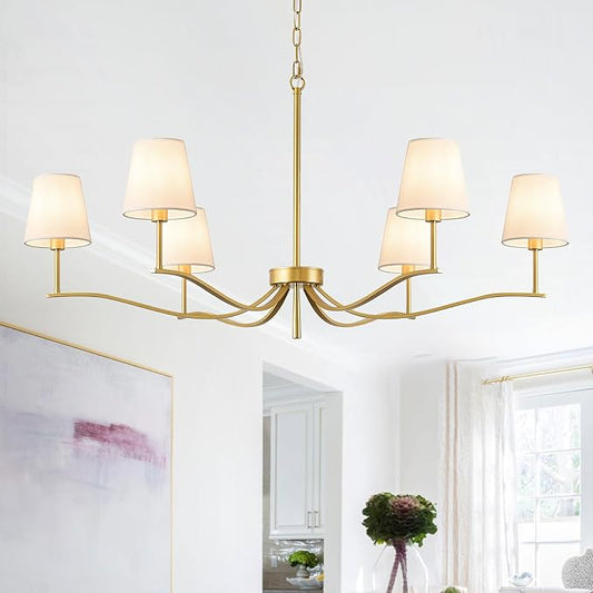 6 Light Brass Gold Chandelier with White Fabric Shade 44'' Linen Dining Room Chandeliers Over Table Kitchen Chandeliers Light Fixture for Living Room Bedroom Entryway Home Office