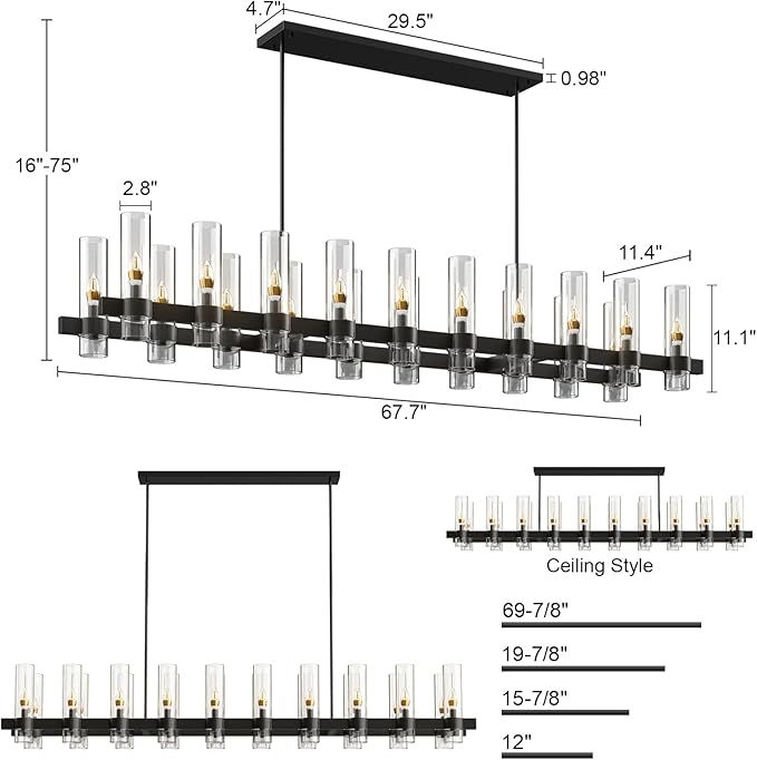 Black Rectangle Kitchen Island Lights, Farmhouse Linear Rectangular Chandelier with Glass Shades, 20 Lights Lighting Fixtures Industrial Pendant Light for Dining Room Over Table