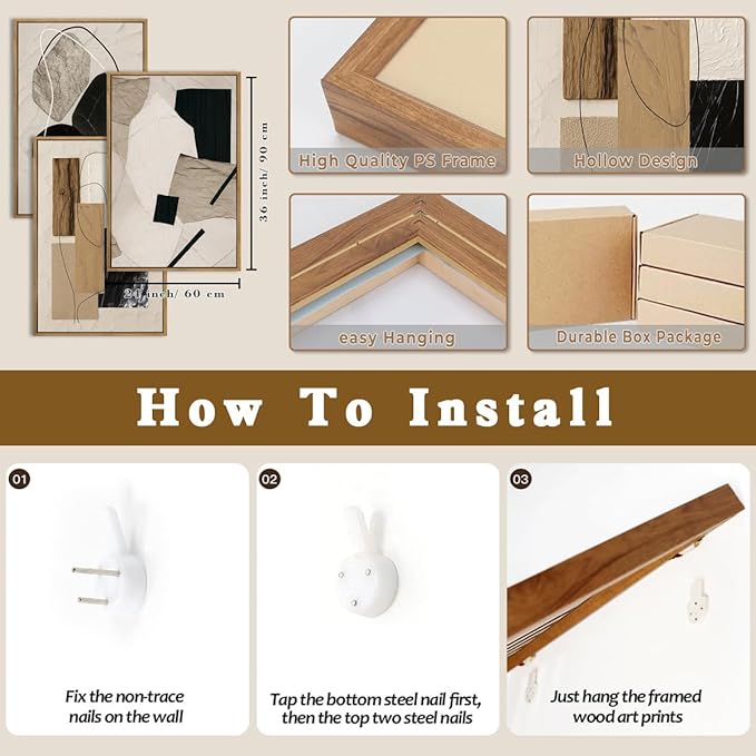 Large Abstract Paintings Framed Neutral Canvas Prints Mid Century Modern Wall Art for Living Room Bedroom Bathroom 36x24 Inch 3 Piece