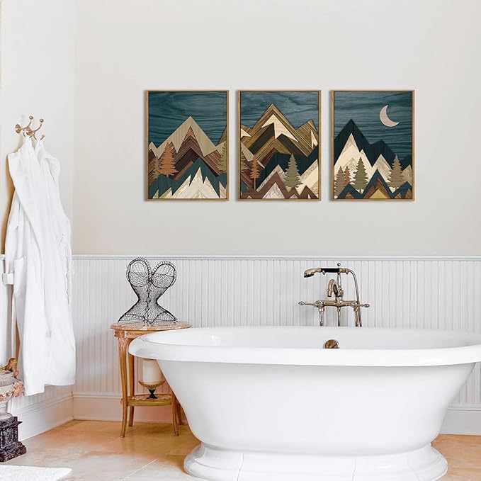 BINCUE Boho Mountain Wall Art Framed Landscape Wall Decor Modern Nature Artwork for Bedroom Living Room Office 12" Lx16 W Set of 3