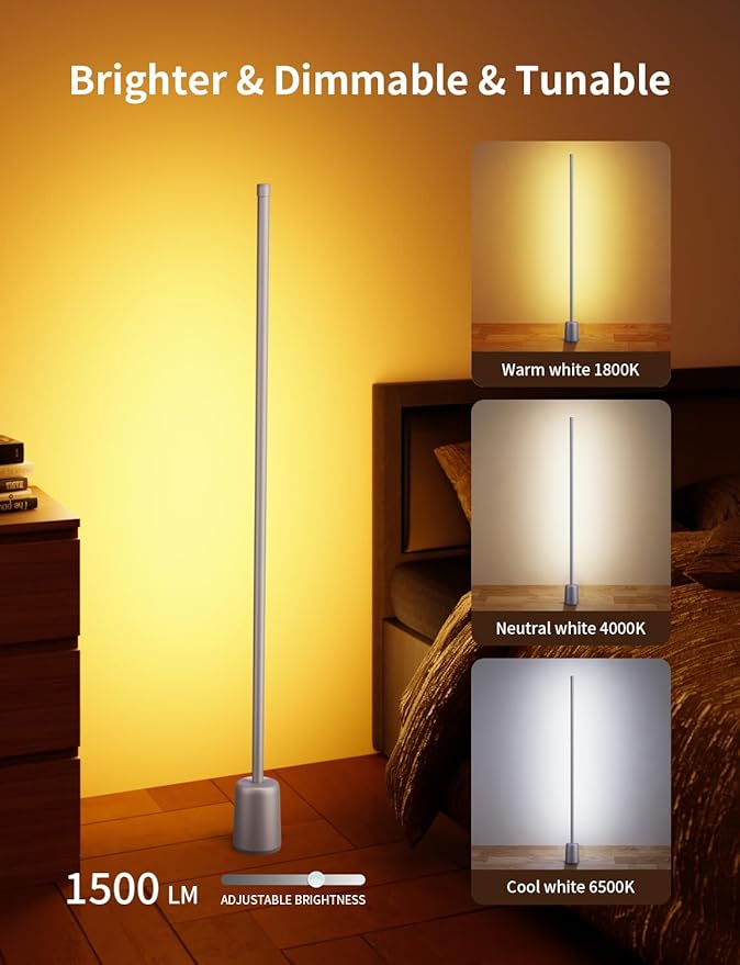 Ailofy Corner Floor Lamp, 1500lm RGBW Corner Lamp Work with Alexa & Google Assistant, 16 Million DIY Colors, Sync with Music, App Control, Modern LED Floor Lamp for Living Room & Bedroom, Silver Grey