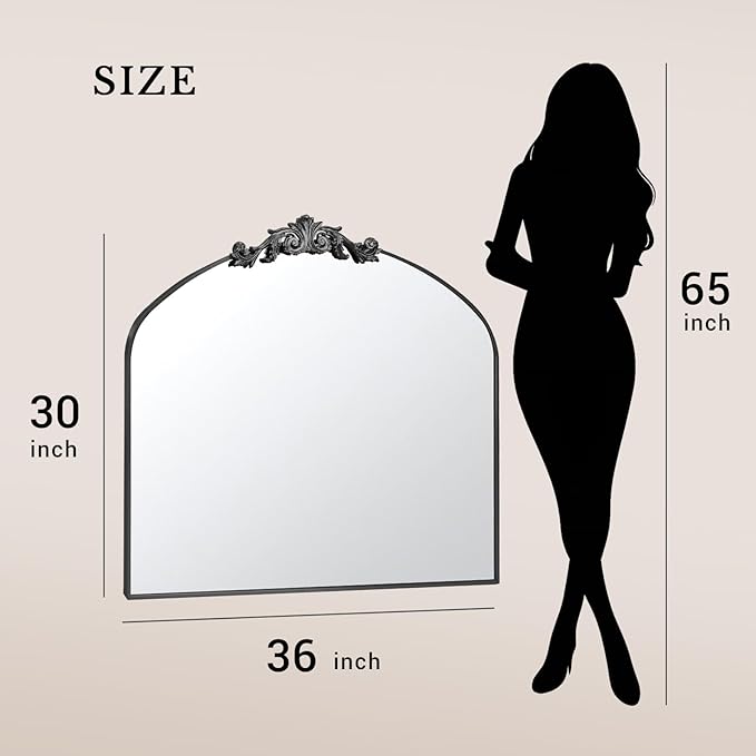 MISSDAY Vintage Arched Baroque Mirror for Wall, 36"X30" Antique Wall Mirror with Elegant Carving Top, Full Metal Frame Wall-Mounted Mirror for Bathroom, Living Room, Fireplace, Entryway, Matte Black