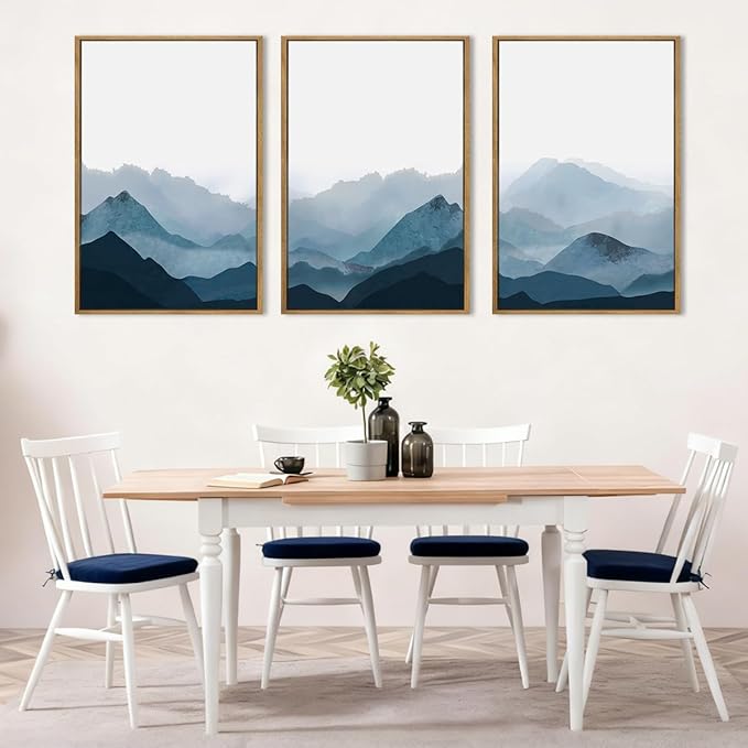 BINCUE Large Blue Mountain Wall Art Fog Blue Ridge Mountains Artwork for Living Room Bedroom Office 24" Lx36 W Set of 3