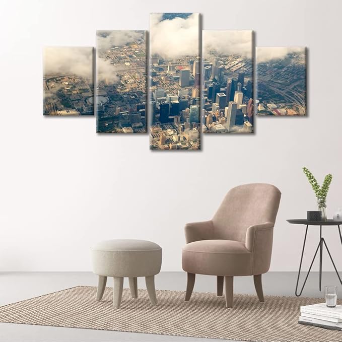5 Pieces City Skyline Pictures Canvas Wall Art Houston Texas Cityscape Wall Decor for Living Room Aerial View of Houston Texas City Scene Modern Artwork Print on Canvas Ready to Hang (60"Wx32"H)