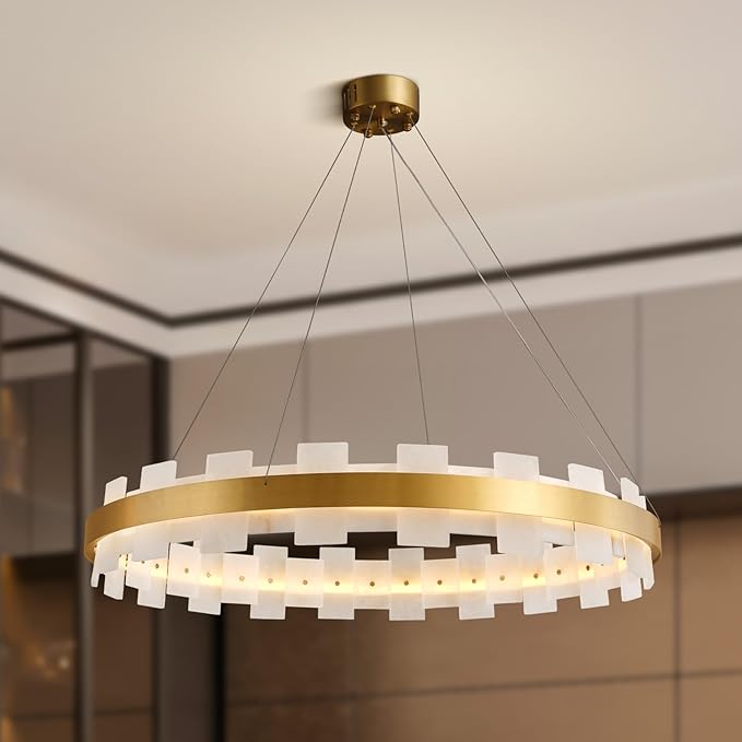 Modern Alabaster Linear Chandelier 31.5 Inch, Round Adjustable Large Ceiling Light for Living Room Over Table, Dining Room, with Warm White Glow