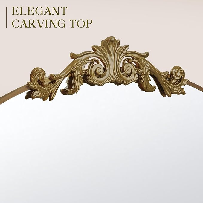 MISSDAY Vintage Retro Bronze Baroque Mirror for Wall, 36"X30" Arched Antique Wall Mirror with Elegant Carving Top, Full Metal Frame Wall-Mounted Mirror for Bathroom, Living Room, Fireplace, Entryway