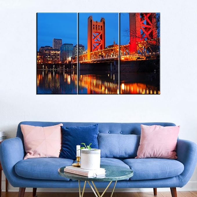 Cityscape Picture Urban Landscape Art: The Tower Bridge Crosses the Sacramento River in the heart of Downtown Sacramento, California Print on Canvas Decor Ready to Hang - 28‘’ x 14‘’ x 3 panels