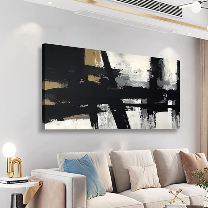 Black and White Abstract Pictures Canvas Wall Art for Living room Office Bedroom Wall Decor,Abstract Wall Art Print Paintings Modern Black Yellow Artwork Waterproof Ready to Hang-28X57 inch