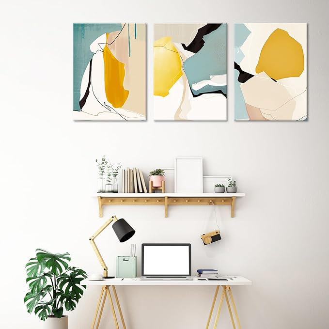 Abstract Wall Art Set of 3 – Modern Mid Century Canvas poster Prints with Geometric Shapes, Minimalist Yellow Teal Beige Artwork for Living Room, Bedroom, Office, Bathroom Wall Décor,Frame 12x16in