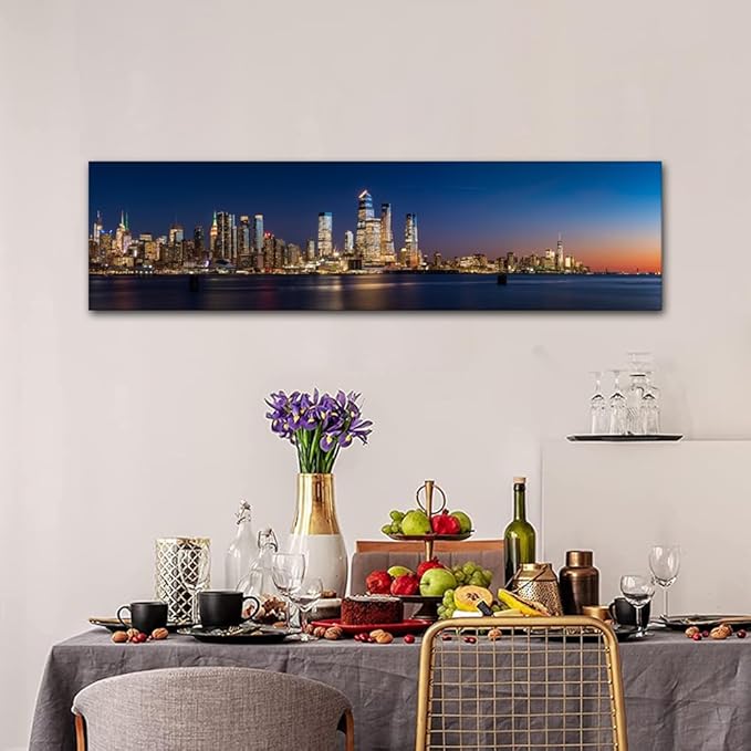 Black and White Wall Art View Across Hudson River of Skyscrapers of New York City Pictures Cityscape Paintings Canvas Artwork Urban Buildings Posters Prints Modern Decor Ready to Hang 12x46 Inch