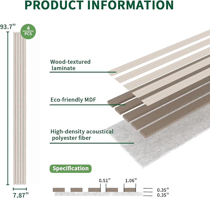 4 Panel Wood Slat Acoustic Panel 94" x8" for Sound Absorbing, Soundproof Wood Slat Panel Cover 21 Sq.Ft, 3D Fluted Sound Absorbing Paneling for Wall Decor, Living Room, Bedroom, White Oak