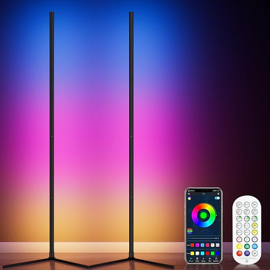 2PCS RGB Corner Floor Lamp, 64.5" RGB Color Changing Mood Light Bluetooth APP and Remote Control Music Sync LED 398 Dimmable Modes Modern Floor Lamp for Living Room, Light Timing