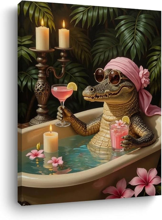 Crocodile Wall Art, 11.4x15in Funny Toilet Framed Art Paintings Wall Decor Unique Animal Lover Gifts Alligator Bathroom Picture for Living Room Bathroom Farmhouse Kitchen Decor