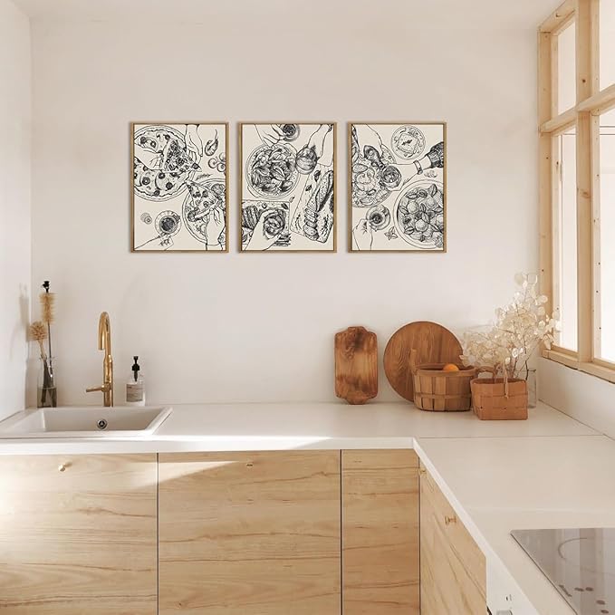 BINCUE Food Wood Wall Art Modern Cheers Kitchen Wall Decor Abstract Friends Party Artwork for Kitchen Dining Room Living Room 12" Lx16 W Set of 3