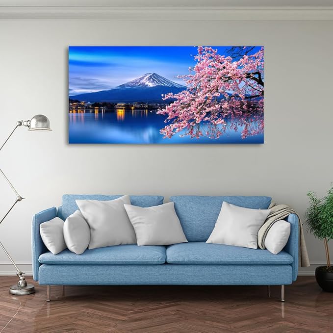 Aibonnly Wall Art Canvas Painting Cherry Blossoms Mount Fuji 1 Piece Mount Fuji and the Sakura Blossoming Lake Picture Poster Print Framed and Stretched Ready to Hang for Living Room Bedroom