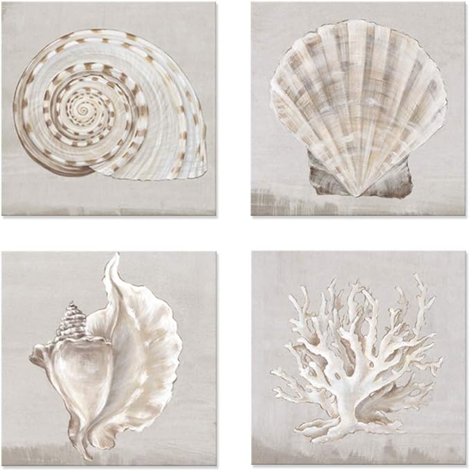 JAPO ART Neutral Shells Eva Watts by PI Creative Art Modern seashells Canvas Wall Art Vintage Pictures Giclee Print on Canvas Stretched for Living Room Bedroom 16x16Inchx4pcs