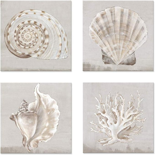JAPO ART Neutral Shells Eva Watts by PI Creative Art Modern seashells Canvas Wall Art Vintage Pictures Giclee Print on Canvas Stretched for Living Room Bedroom 16x16Inchx4pcs