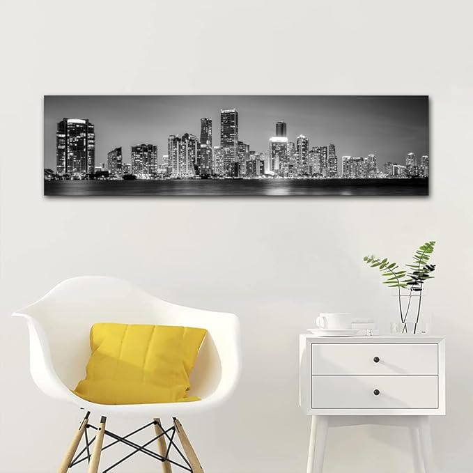Miami Skyline Wall Art for Living Room Downtown Miami Black and White Wall Art Canvas Print Modern Home Decor Pictures Skyscraper Artwork House Decor Posters Prints Ready to Hang 12x46 Inch