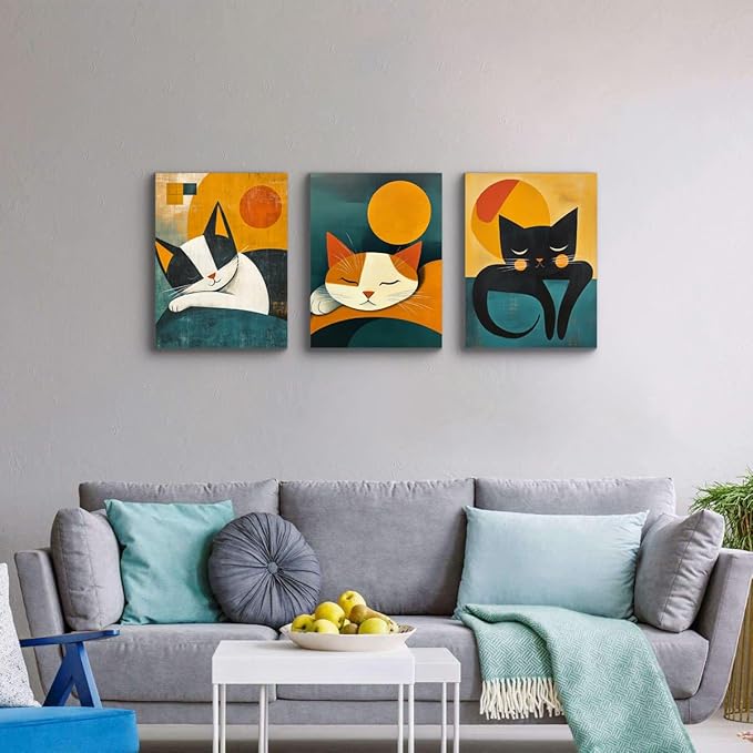 NAN Wind 3PCS 16L x 12W Cat Wall Art Canvas Print Sleeping Cat Tabby Mid Century Modern Geometric Animal Decor Minimalist Teal and Orange Retro Style Artwork for Bedroom Living Room Pet Lovers