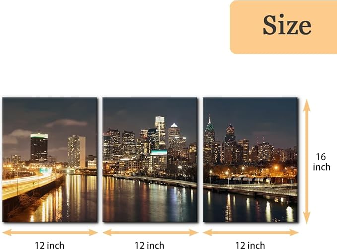 Pacimo - Cityscape Canvas Wall Art - Philadelphia Skyline with Urban Architecture - Modern Artwork Painting Prints for Home Decor Gallery Wrapped Stretched and Framed Ready to Hang - 12"x16"x3 Panels